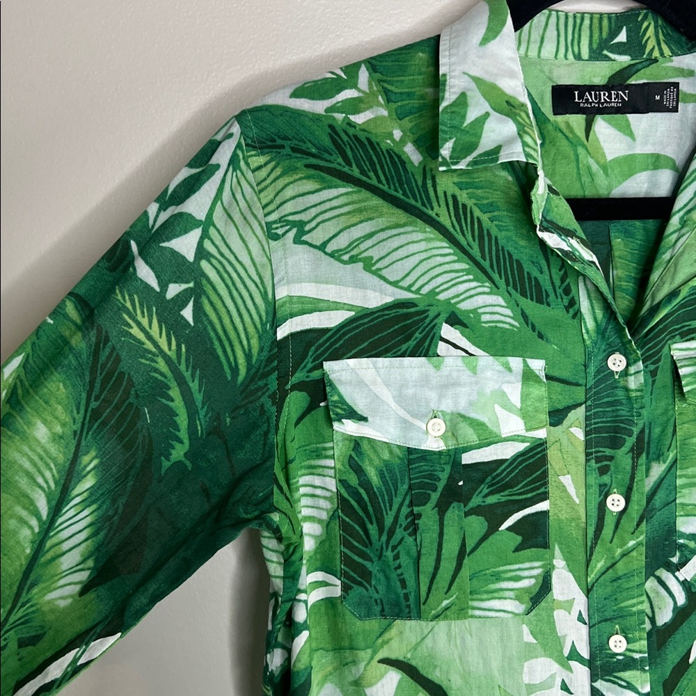 Lauren Ralph Lauren Palm Frond Print Cotton Voile Button Down Shirt size Medium - Picture 5 of 11